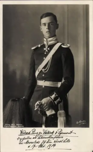 Ak Prinz Wolrad Friedrich zu Waldeck Pyrmont, Gefallen 1914 bei Moorslede, Portrait in Uniform