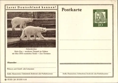 Ganzsachen Ak Gelsenkirchen im Ruhrgebiet, Ruhr Zoo, Eisbären