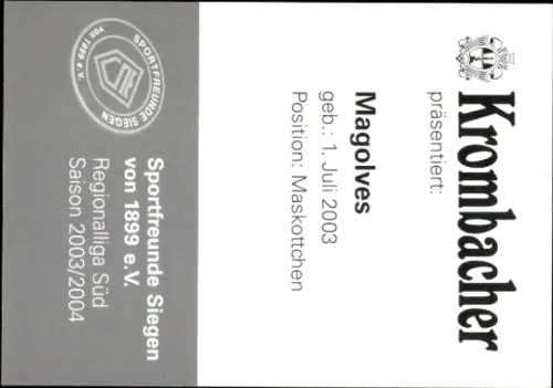 Autogrammkarte Maskottchen Magolves, Sportfreunde Siegen, Autogramm