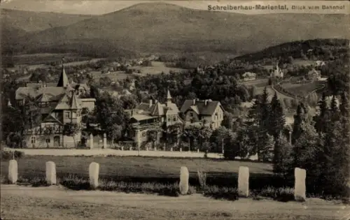 Ak Szklarska Poręba Schreiberhau Riesengebirge Schlesien, Gesamtansicht vom Bahnhof, Mariental