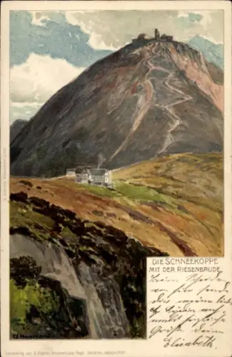 Künstler Ak Pec pod Sněžkou Petzer Riesengebirge Region Königsgrätz, Riesenbaude