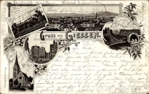 Litho Gießen an der Lahn Hessen, Gesamtansicht, Kirche