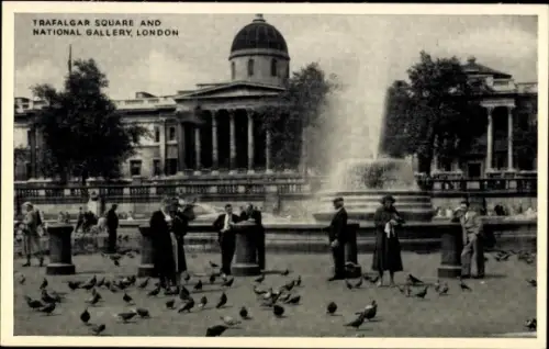 Ak Westminster London City, Trafalgar Square, National Gallery,  Brunnen, Tauben, Menschen