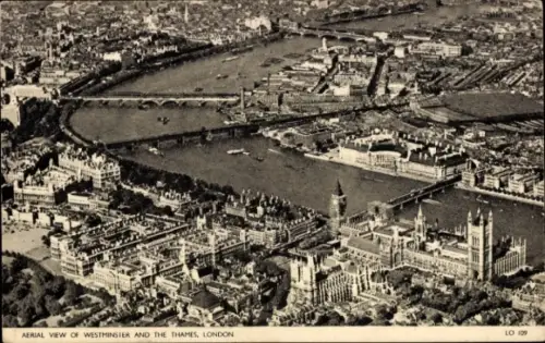 Ak Westminster London City, Luftaufnahme von Westminster, Themse,  Houses of Parliament, Big Ben