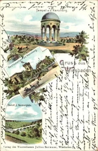Litho Wiesbaden in Hessen, Neroberg, Tempel, Restauration, Viadukt