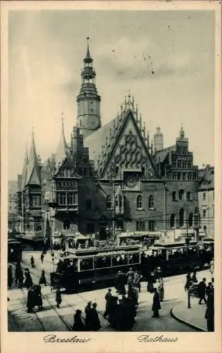 Ak Wrocław Breslau Schlesien, Rathaus, Ring, Straßenbahn