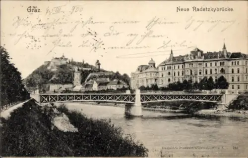 Ak Graz Steiermark, Brücke über den Fluss, Gebäude im Hintergrund,  alte 