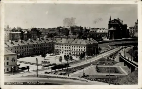 Ak Warszawa Warschau Polen, Schwarz-Weiß-Bild von  Straßenansicht, Gebäude, Statue