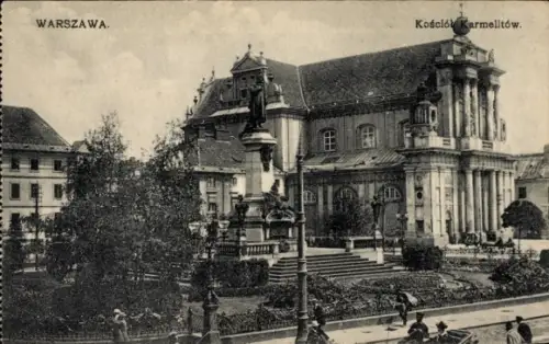 Ak Warszawa Warschau Polen,  Kościół Karmelitów, Statue, Park, Menschen