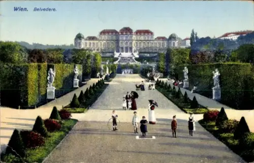 Ak Wien 1 Innere Stadt, Belvedere,  Gartenanlage, Statuen, Spaziergänger