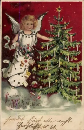 Präge Glitzer Ak Frohe Weihnachten, Engel, Tannenbaum