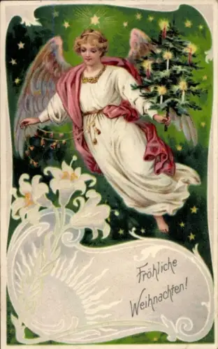 Jugendstil Ak Frohe Weihnachten, Engel, Tannenbaum