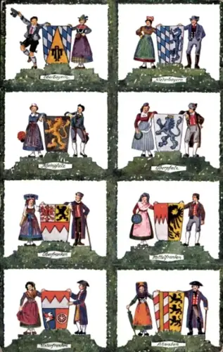 Wappen Ak Oberbayern, Niederbayern, Oberfranken, Unterfranken, Trachten