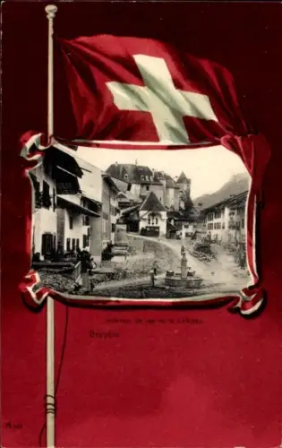 Passepartout Ak Broc Gruyère Kanton Freiburg, Straßenpartie, Schloss