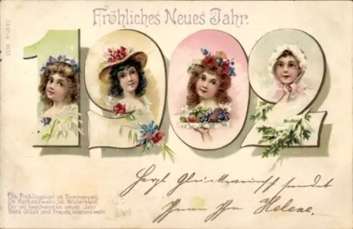 Litho Glückwunsch Neujahr 1902, Mädchen-Portraits
