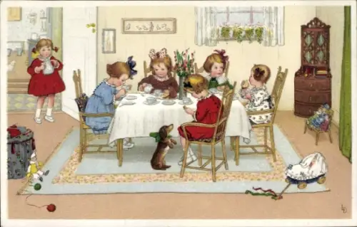 Künstler Ak Döring, Lia, Das fröhliche Kränzchen, Kinder, Dackel, Puppen