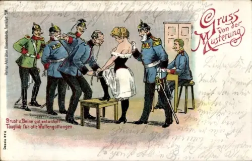 Litho Gruß von der Musterung, Brust und Beine gut entwickelt, tauglich für alle Waffengattungen