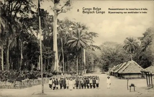 Ganzsachen Ak Irebu DR Kongo Zaire, Rassemblement de travailleurs