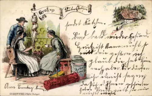 Litho Frauen in Tracht, Spinnrad, Emil Seelig Kaffee, Werbung