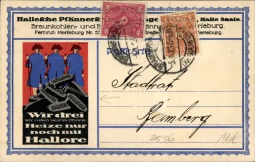 Künstler Ak Halle an der Saale, Heize nur noch mit Hallore, Brikettfabrik