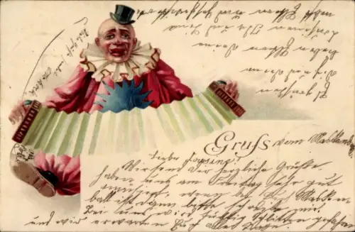 Litho Clown musiziert auf dem Bandoneon, Zirkus