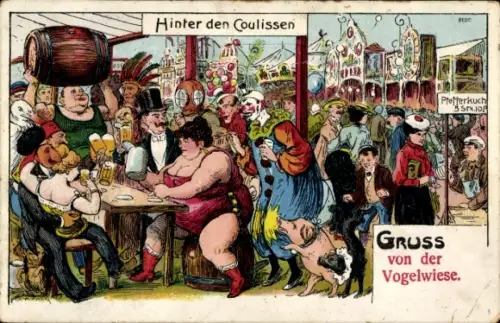 Litho Dresden Altstadt Johannstadt, Festplatz Vogelwiese, Hinter den Coulissen, Humor