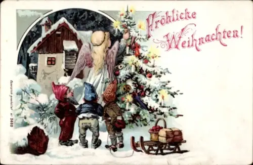 Litho Glückwunsch Weihnachten, Engel schmückt Tannenbaum, Zwerge mit Schlitten
