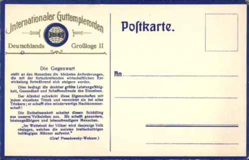 Ak Internationaler Guttemplerorden IOGT, Deutschlands Großloge II, Die Gegenwart