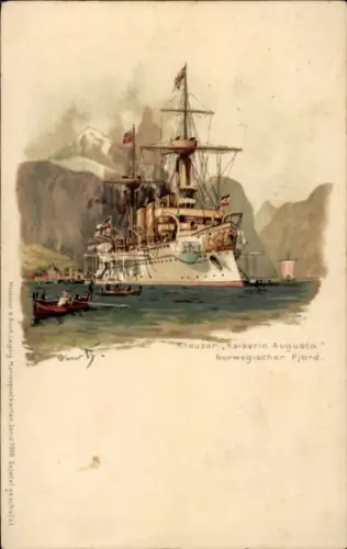 Künstler Litho Bohrdt, Hans, Deutsches Kriegsschiff, Kreuzer Kaiserin Augusta, Norwegischer Fjord