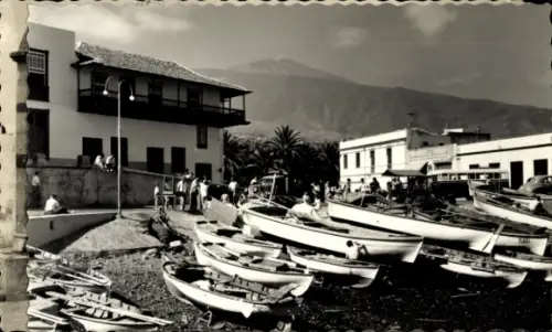 Ak Puerto de la Cruz Tenerife Teneriffa Kanarische Inseln, Blick auf Boote, Hafen, Berg, Menschen