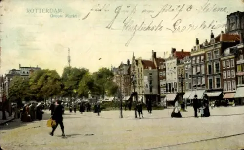 Ak Rotterdam Südholland Niederlande,  Groote Markt, Menschen, Gebäude, Markt