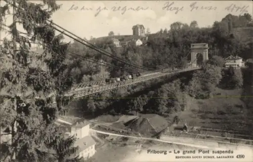 Ak Fribourg Freiburg Stadt Schweiz, Seilbrücke,  Schweiz, Aufschrift: Le grand Pont suspendu