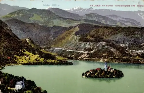 Ak Bled Veldes Slowenien, Berglandschaft, Triglav,  Schloss Windischgrätz, See