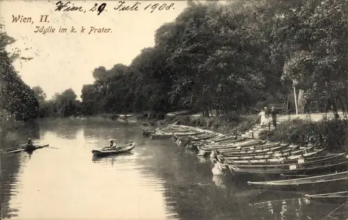 Ak Wien 2 Leopoldstadt Österreich,  Prater, Boote am Wasser, idyllische Landschaft