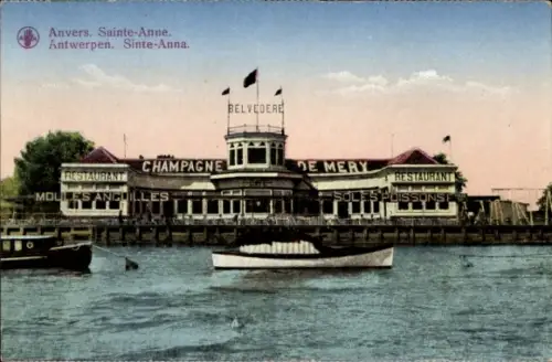 Ak Antwerpen Flandern, Restaurant Belvedere,  Schiffsansicht, farbig, Text in Französisch und Nie