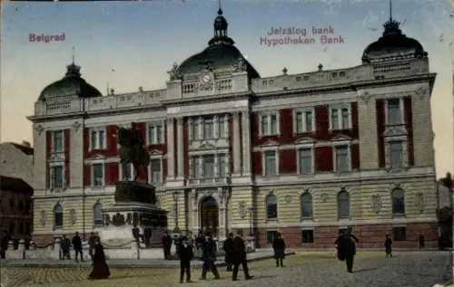 Ak Beograd Belgrad Serbien,  Jelzálog bank, Hypotheken Bank, Statue eines Löwen, Menschen auf der