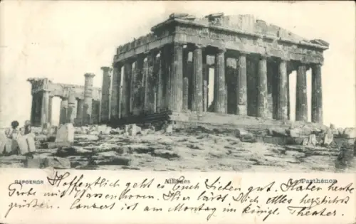 Ak Athen Griechenland, Parthenon, antike Ruine,  aus  Text in Deutsch und Griechisch