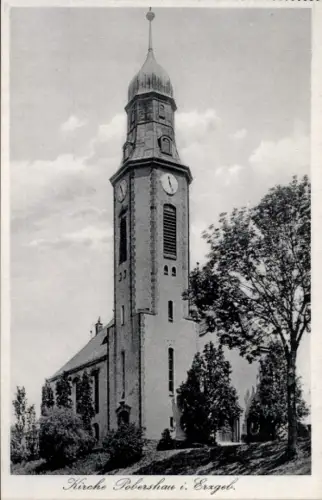 Ak Pobershau Marienberg im Erzgebirge, Blick auf Glockenturm der Kirche