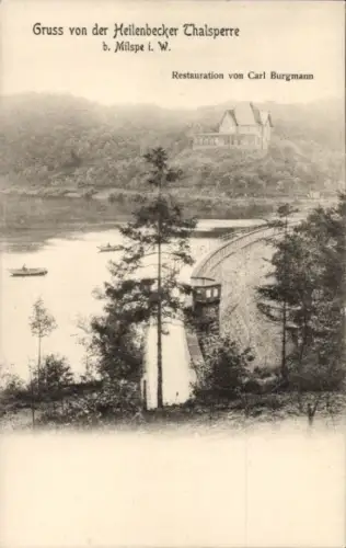 Ak Milspe Ennepetal im Ruhrgebiet, Heilenbecker Thalsperre, Wasser, Boote, Wald, Restauration von