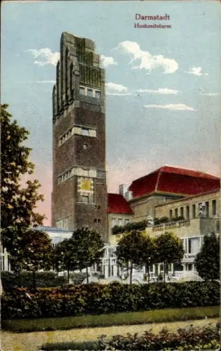 Ak Darmstadt in Hessen, Hochzeitsturm, Gebäude, Bäume, Himmel, Wolken