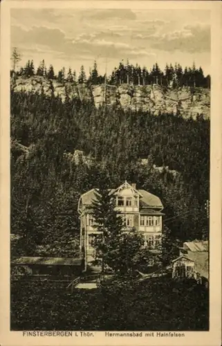 Ak Finsterbergen Friedrichroda im Thüringer Wald, Haus in der Natur, Wald, Felsen, Schwarz-Weiß-F