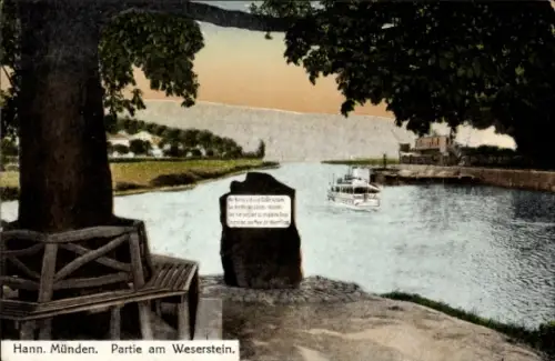 Ak Hann. Münden in Niedersachsen, Weserstein, Boot auf dem Wasser, Sitzbank, Natur, Bäume