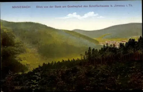 Ak Manebach Ilmenau in Thüringen, Blick von der Bank, Goethepfad, Schöffenhaus,  Thüringen