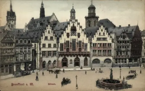 Ak Frankfurt am Main,  Römer,  Gebäude, Brunnen, Pferdewagen