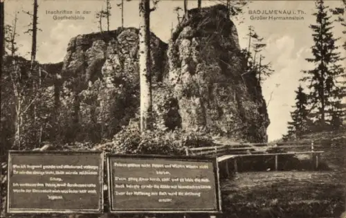 Ak Ilmenau in Thüringen, Inschriften in der Goethehöhle, Großer Hermannstein, Felsen, Natur
