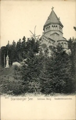 Ak Starnberg am Starnberger See Oberbayern,  Schloss Berg, Gedächtniskirche, Bäume im Vordergrund