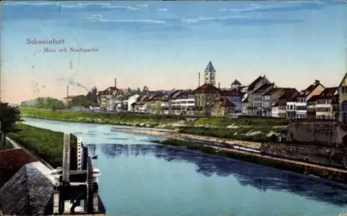 Ak Schweinfurt am Main Unterfranken,  Main, Stadtpartie, Flusslandschaft,  Gebäude