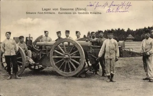 Ak Sissonne Aisne, Camp de Sissonne, Schwere Feldartillerie, Exerzieren am Geschütz Rimailho