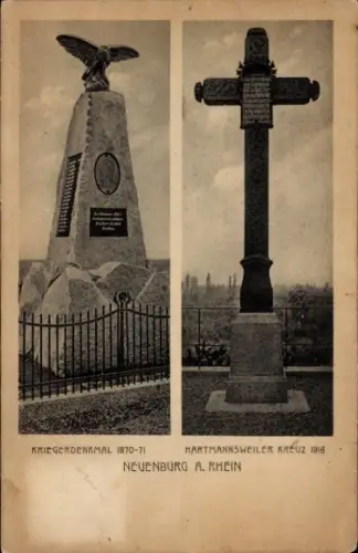 Ak Neuenburg am Rhein Baden, Kriegerdenkmal 1870-71, Hartmannsweiler Kreuz 1916, Neuenburg a. Rhe