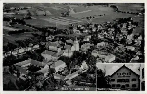 Ak Polling bei Weilheim Oberbayern, Luftaufnahme von  Gasthaus Palmberger, ländliche Umgebung
